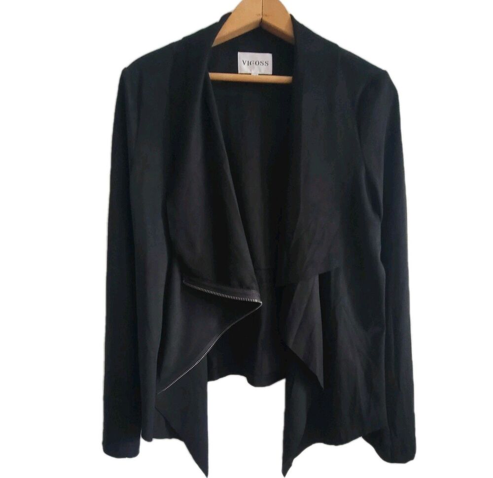 Vigoss Women's Black Faux Suede Wrap Zip Up Light Jacket Size M Stretch